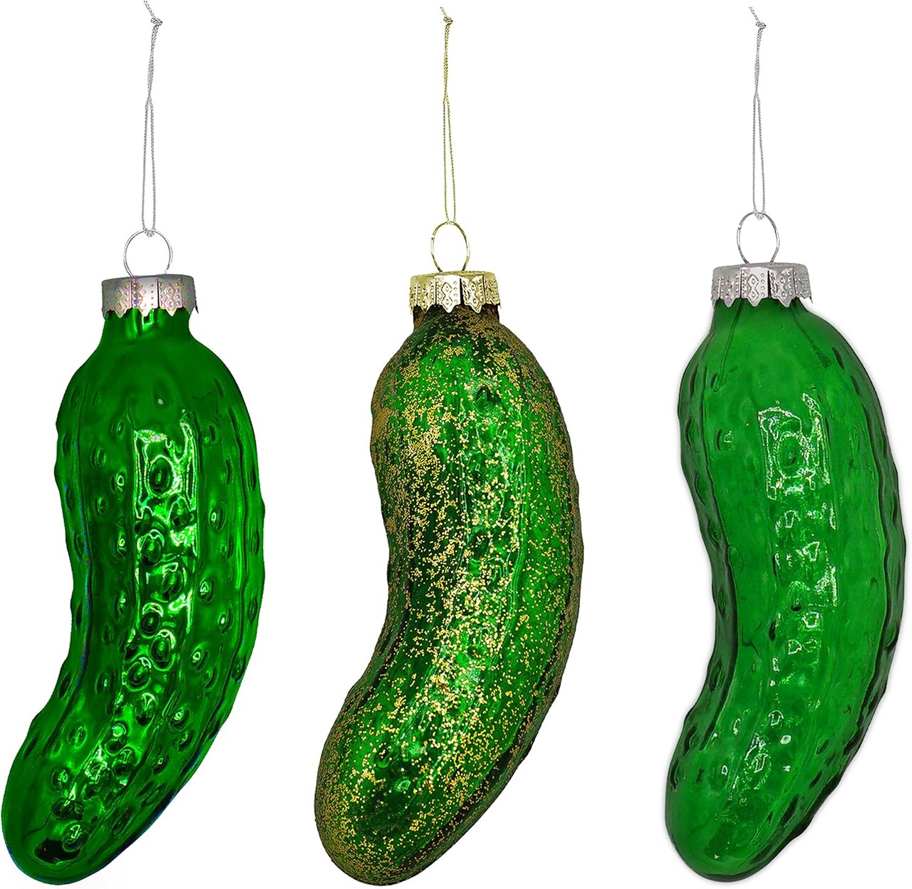 4E's Novelty Blown Glass Pickle Ornament for Christmas Tree, Pack of 3 Handcrafted 4” Pickle Ornaments, German Tradition Holiday Decoration, Sparkly Green Glass Ornaments for Festive Fun